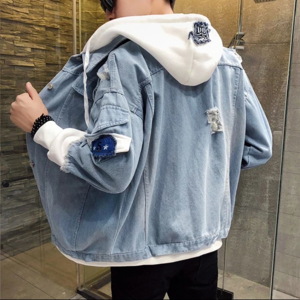 NWT Streetwear Hooded Distressed Denim Jacket with Patches - Size XXL - Picture 3 of 10